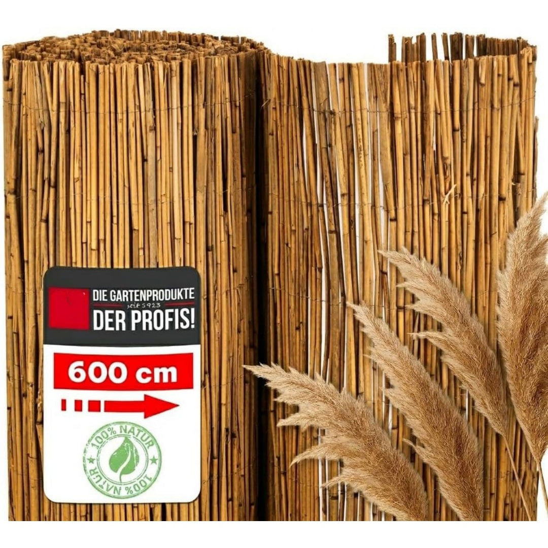 schilfrohrmatte cannes - sichtschutzmatte schilfzaun - natur 12x60 m natuerlicher sicht- windschutz aus schilfrohr fuer garten terrasse balkon - zaunblende verwebt mit robustem nylon