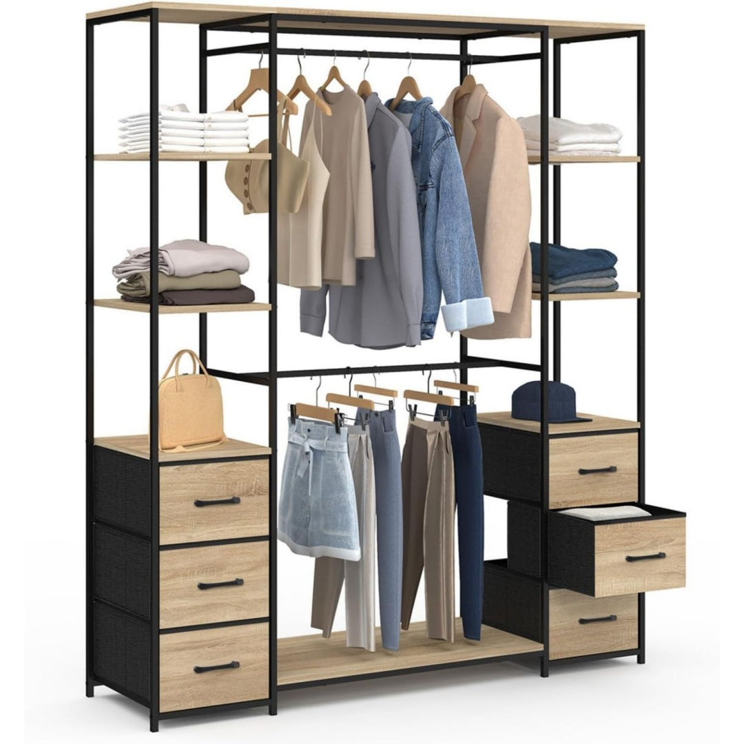 ankleidezimmer mit doppeltem kleiderschrank doppelter saeule b 140 cm utah mit 6 regalen und 6 behaeltern aus stoff in holz und
