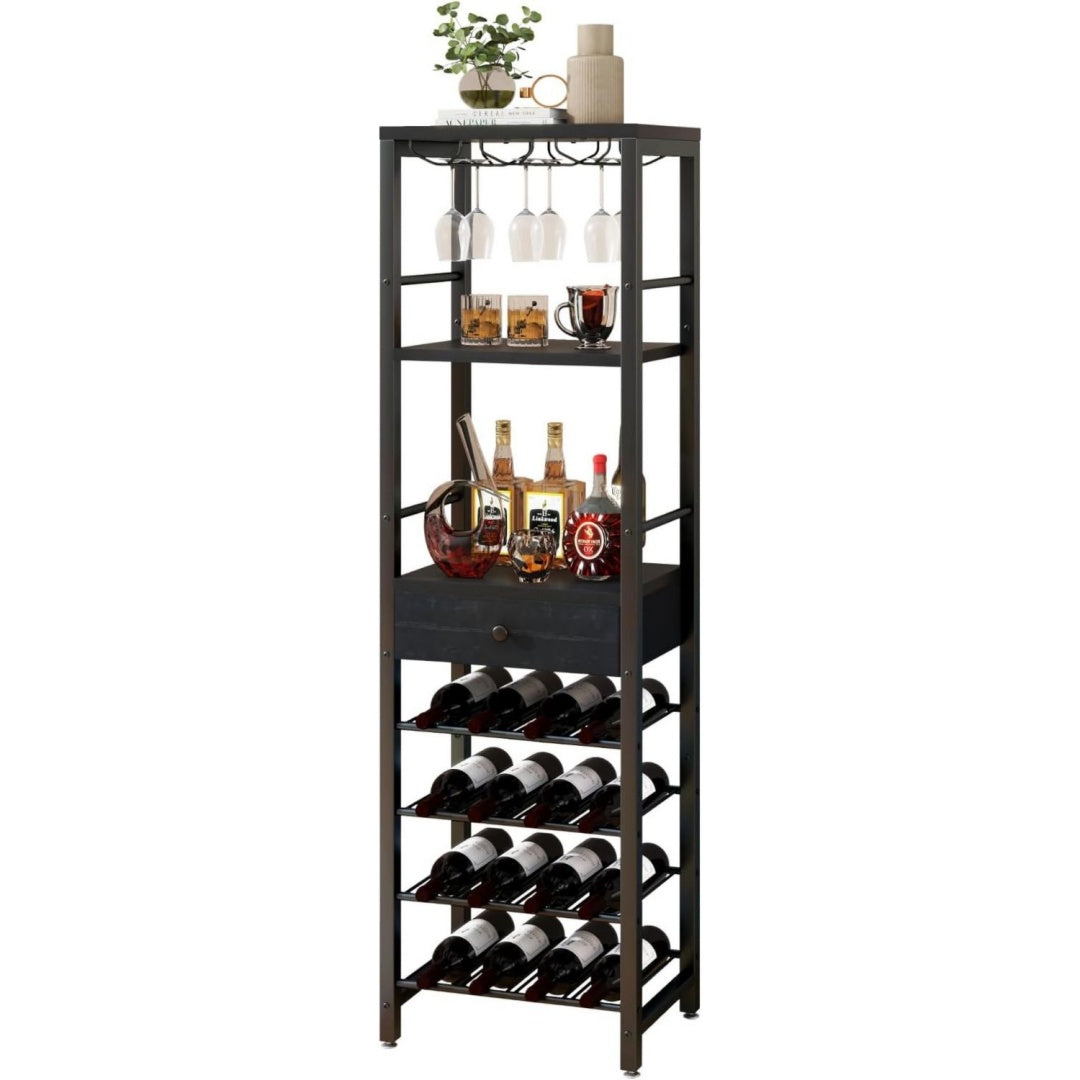 weinregalflaschenregal mit glashalter und schubladeschwarz tmj905b 3 etagen freistehendes flaschenregal 16 flaschenregal countertop weinregal mit tischplatte ablage fuer kueche bar