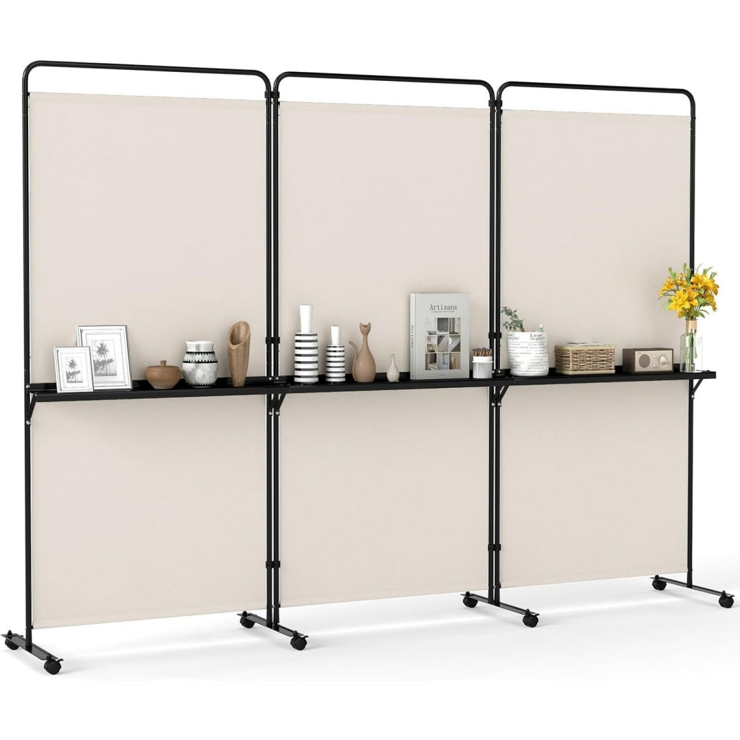 raumteiler auf rollen faltbarer trennwand 3 teilig mit 3 regalen metallrahmen sichtschutzwand fuer buero wohnzimmer schlafzimmer garten 259 x 44 x 188 cm beige