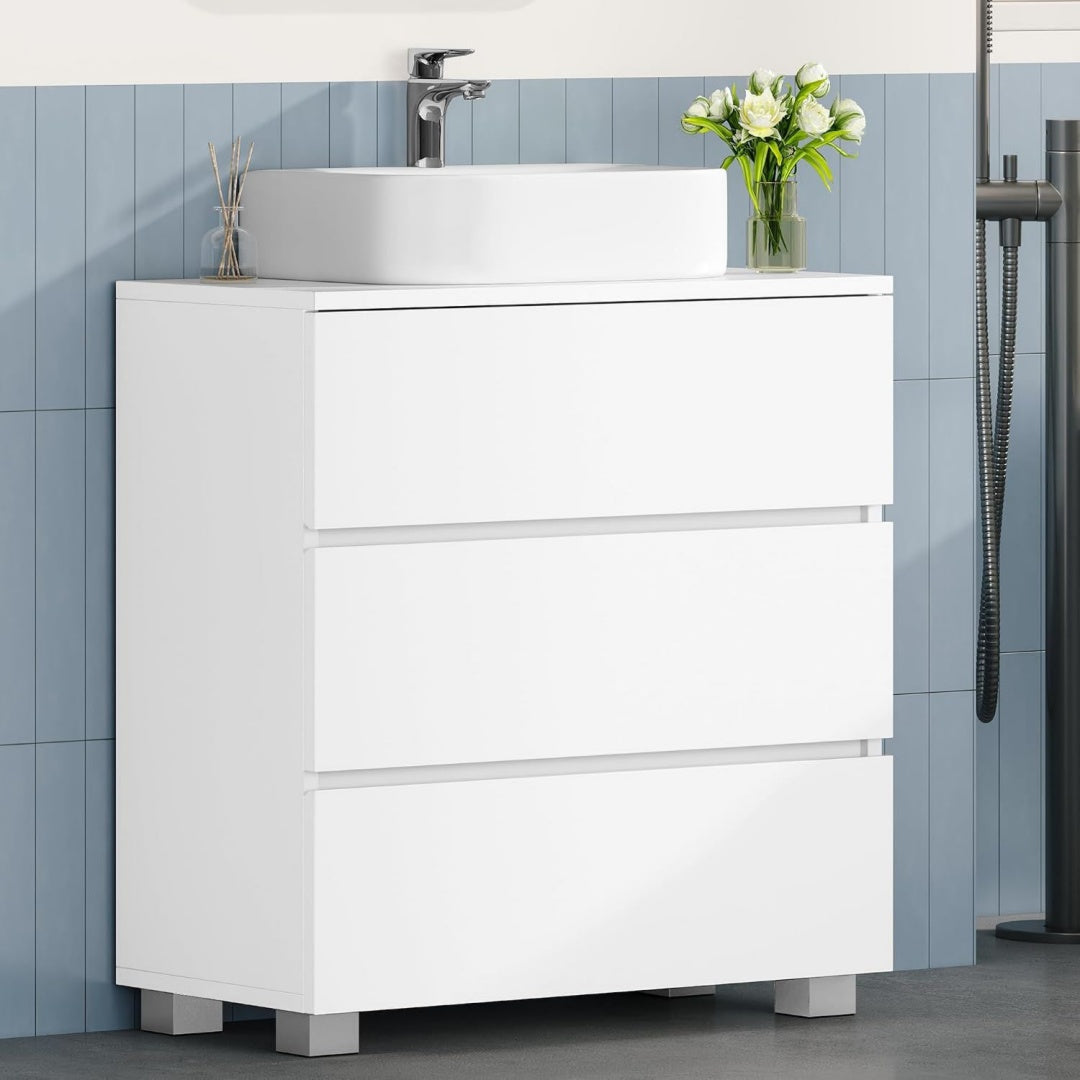 waschbeckenunterschrank badezimmerschrank mit 3 grosse schubladen unterschranke furs bad badezimmer-unterschrank mit fuessen waschtischunterschrank freistehend 30 x 60 x 63 cm weiss