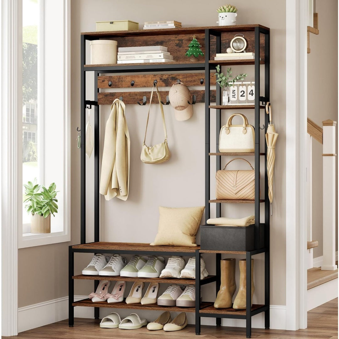 garderobenstaender mit schuhbank 15 haken braun und schwarz garderobe 1 stoffkorb kleiderstaender mit 8 offene ablagefaecher fuer flure und wohnzimmer 40 x 120 x 1905 cm