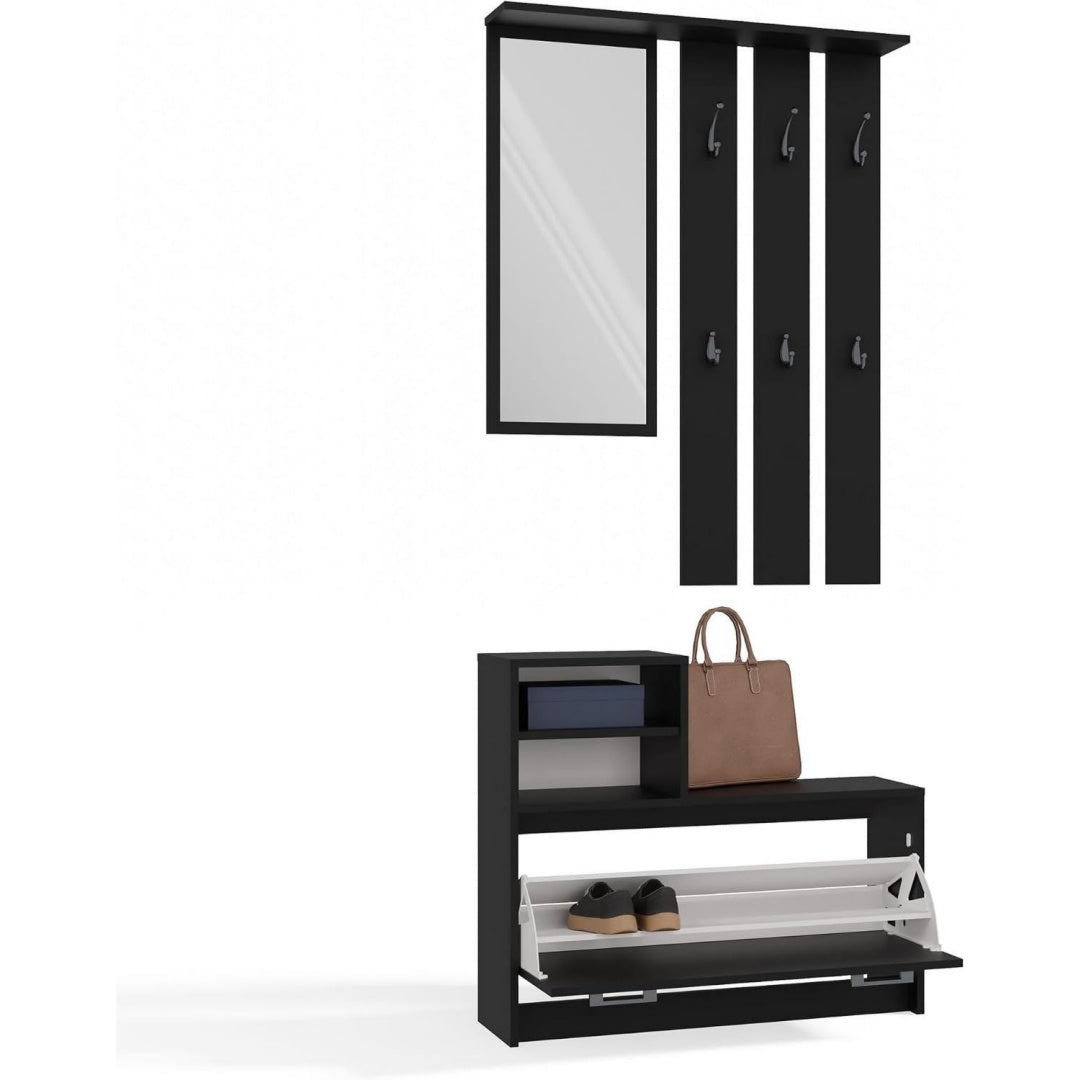 garderobe-set flurmoebel set wandgarderobe mit spiegel und schuhschrank kompakte flurkombination mit 6 haken schrank fuer 9 paar schuhe modernes design 85 x 24 x 180 cm - schwarz