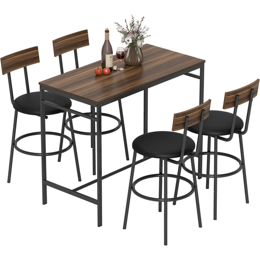mit barhocker-set platzsparend mit 4 stuehlen braun esstisch fussstuetze rueckenlehne und polsterung stahl industrial kuechentisch fuer esszimmer kueche