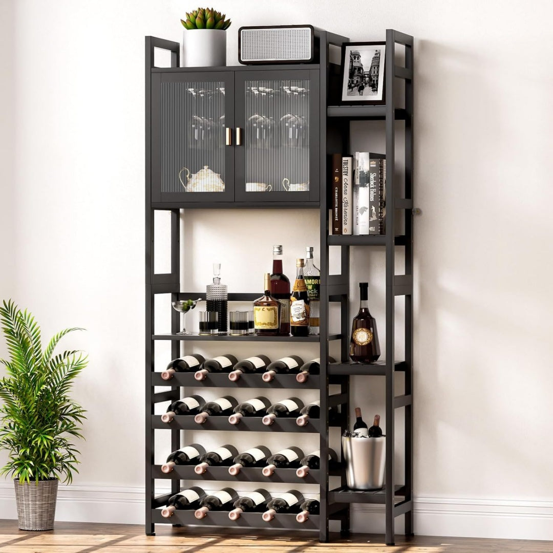 weinschrank fuer 20 flaschen mehrschichtig freistehendes weinregal mit tuer und glashaltere dekorativer flaschenregal mit seitenrahmen fuer boden bar kueche esszimmer