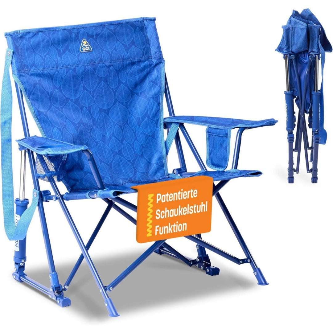 outdoor kickback rocker faltbarer campingstuhl mit schaukelfunktion tiefe relax-sitzposition bis 130kg belastbar - tragegurt getraenke- handyhalter soft navy
