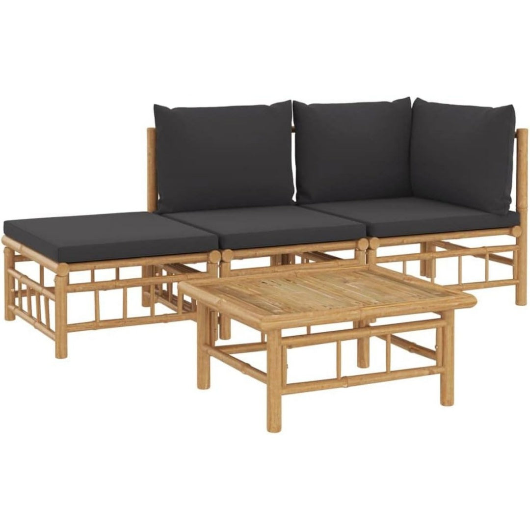 4- garten-lounge-set mit dunkelgrauen kissen bambus