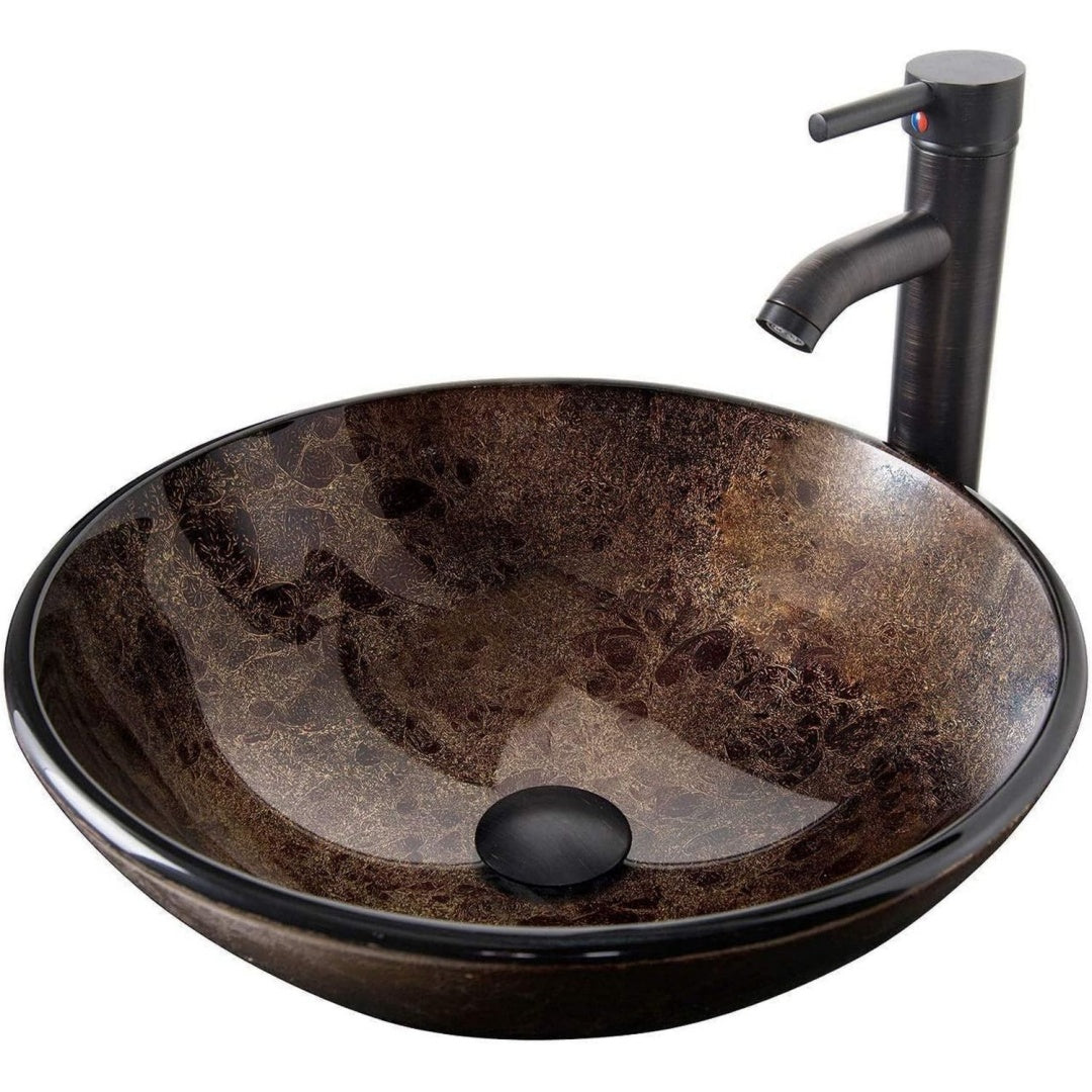 waschbecken glas aufsatzwaschbecken mit wasserhahn ablaufgarnitur round waschschale waschtisch set braun bad kueche gaeste toilette
